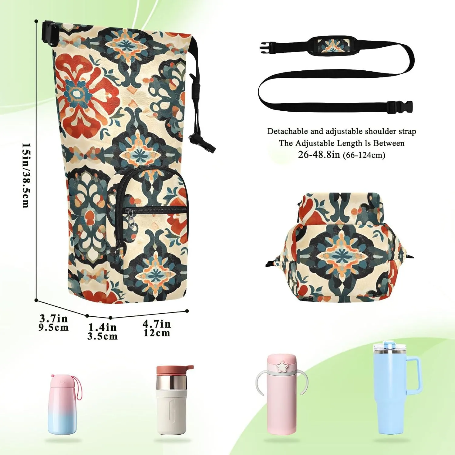 Versatile Insulated Water Bottle Bag, Fits 20oz-40oz Bottles, Lightweight & Adjustable for Commuting, Travel, Hiking & Outdoor Adventures, Ethnic Motif (2)