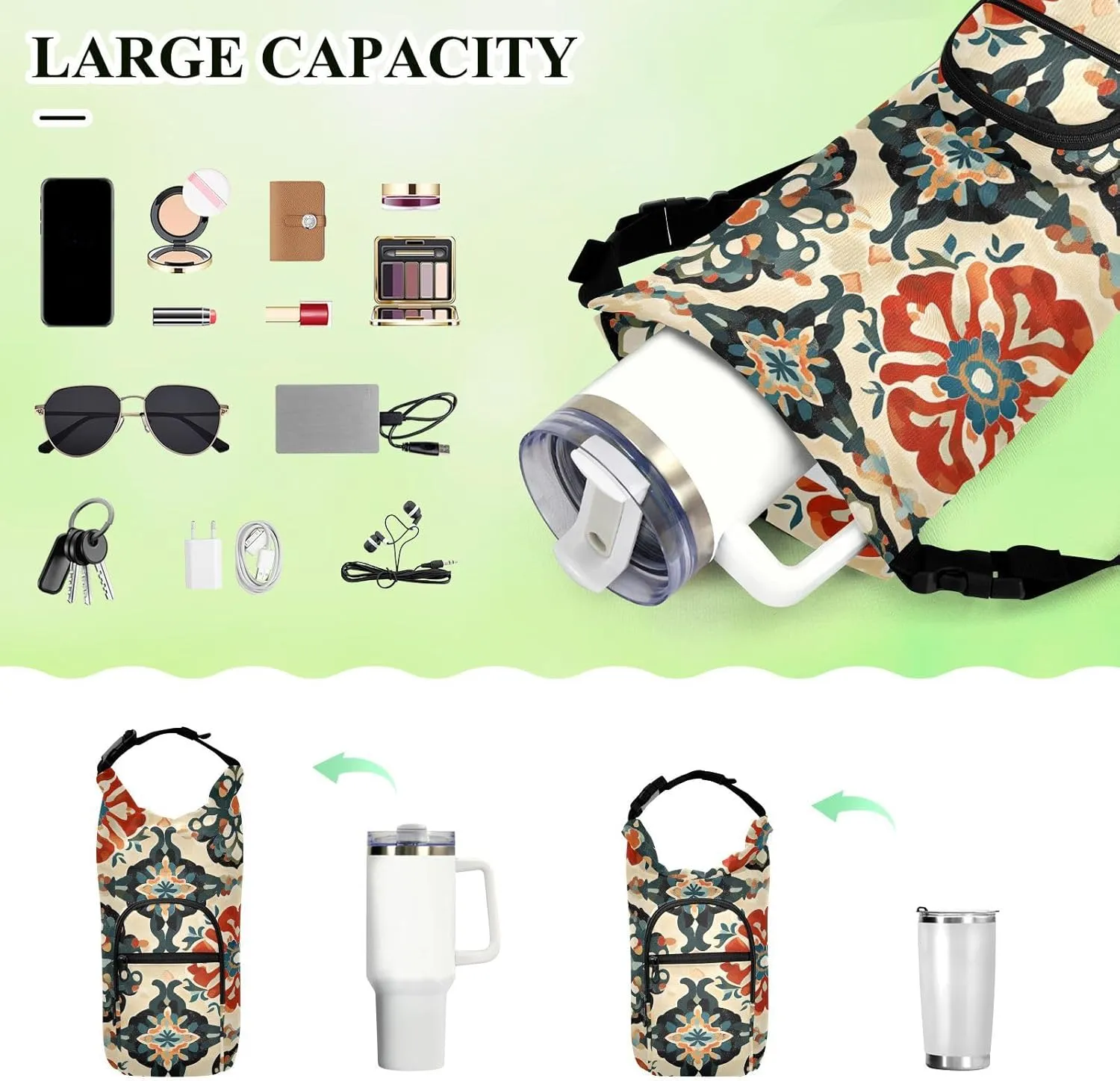 Versatile Insulated Water Bottle Bag, Fits 20oz-40oz Bottles, Lightweight & Adjustable for Commuting, Travel, Hiking & Outdoor Adventures, Ethnic Motif (2)