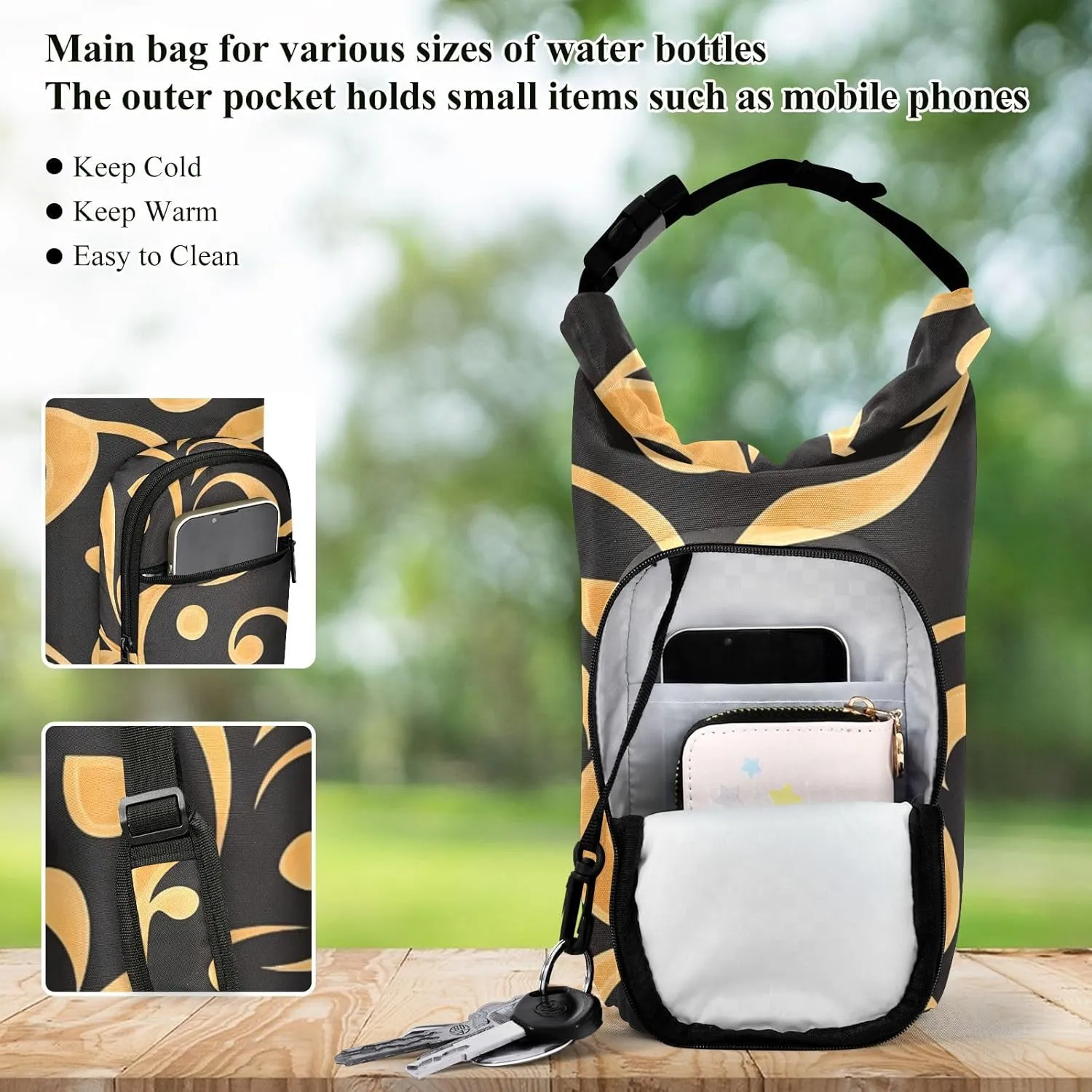 Versatile Insulated Water Bottle Bag, Fits 20oz-40oz Bottles, Lightweight & Adjustable for Commuting, Travel, Hiking & Outdoor Adventures, Reed Pattern (10)