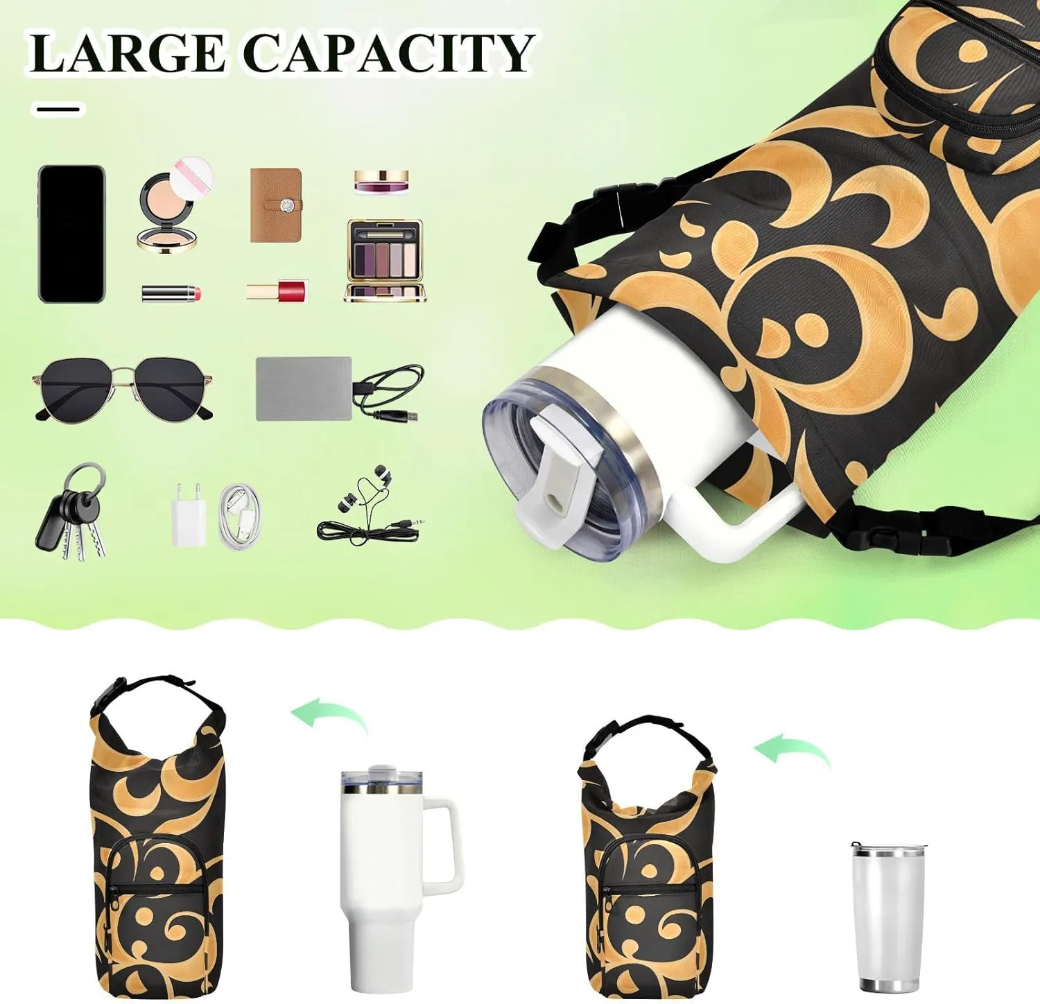 Versatile Insulated Water Bottle Bag, Fits 20oz-40oz Bottles, Lightweight & Adjustable for Commuting, Travel, Hiking & Outdoor Adventures, Reed Pattern (10)
