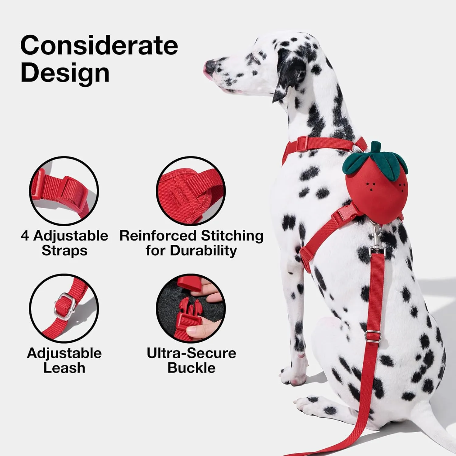 VETRESKA Strawberry Dog Harness and Leash Set, No Pull Dog Vest Harness for Medium Large Dogs, Walking and Training, Adjustable, Easy Control and Soft Padded Pet Harness and Backpack (L)
