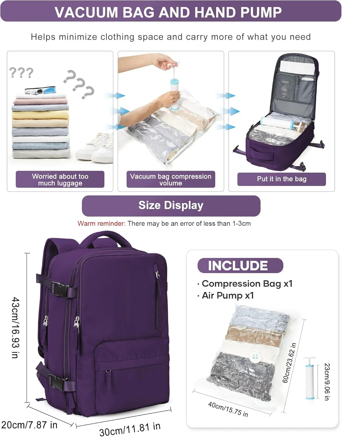 VGCUB Large Travel Backpack with Vacuum System Carry on Personal Item Storage Compression Seal Bags for Clothing with Pump Work Business Vacpack Airback Laptop Backpack for Women Men Dark Purple