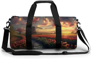 Vibrant Tulips Field with Dutch Windmills Lightweight Gym Bag for Men Women Travel Duffel Bag Sports Workout Bag with Adjustable Strap