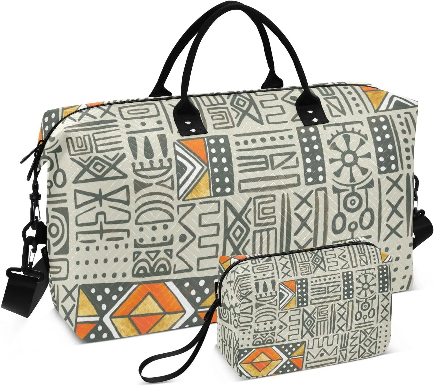 VIGTRO Travel Duffel Bag Weekender Overnight Bag with Toiletry Bag African Ethnic Geometric Printed, Carry On Luggage Bag Tribe for Hospital Gym Travel Business, 2 Pcs Set