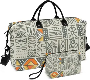 VIGTRO Travel Duffel Bag Weekender Overnight Bag with Toiletry Bag African Ethnic Geometric Printed, Carry On Luggage Bag Tribe for Hospital Gym Travel Business, 2 Pcs Set
