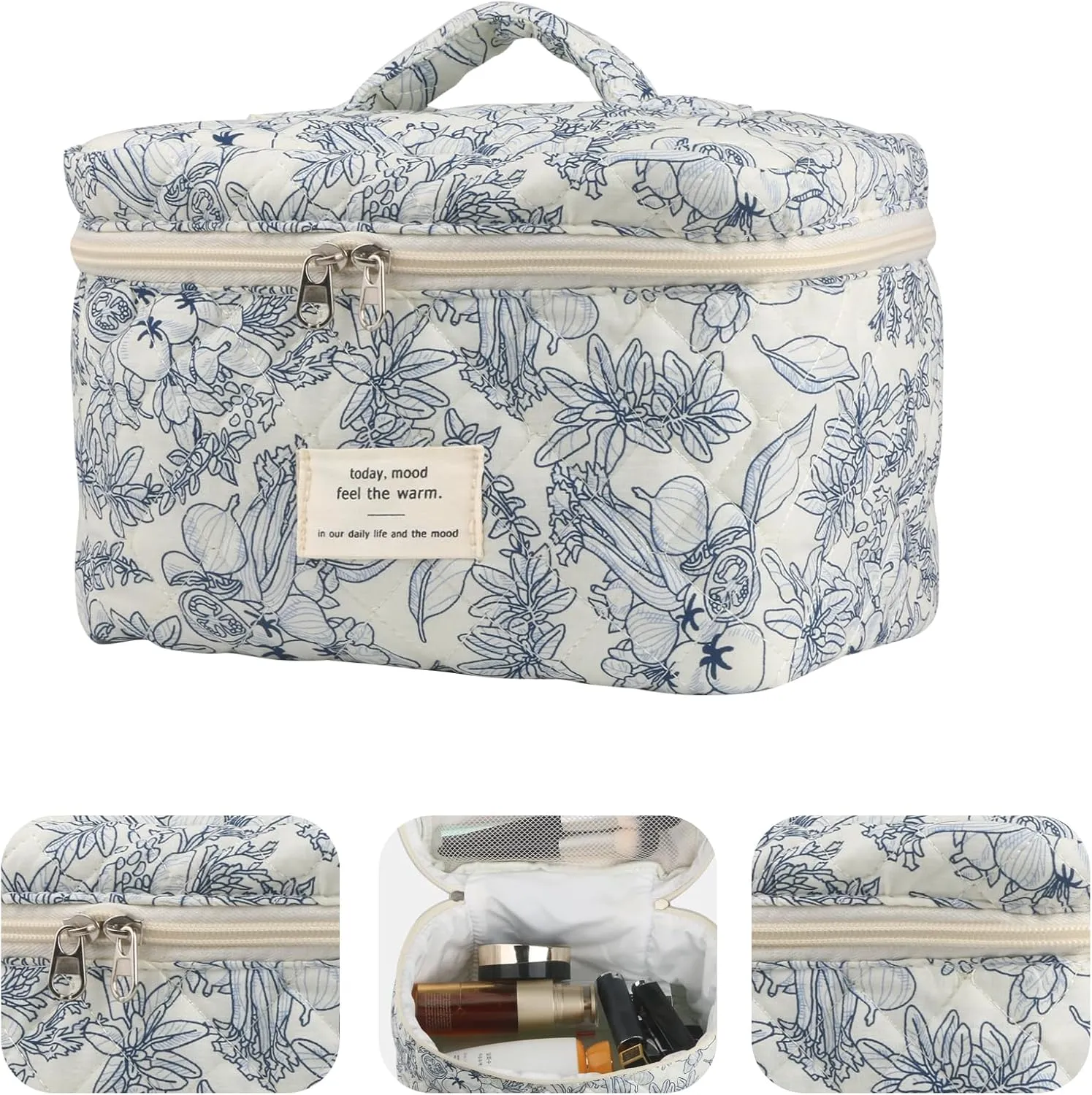 VIWIME Makeup Cosmetic Bag, Large Cotton Quilted Travel Coquette Aesthetic Cute Floral Make up Bag for Women Toiletry Bag Organizer(OldNavy Flower/2Pcs)