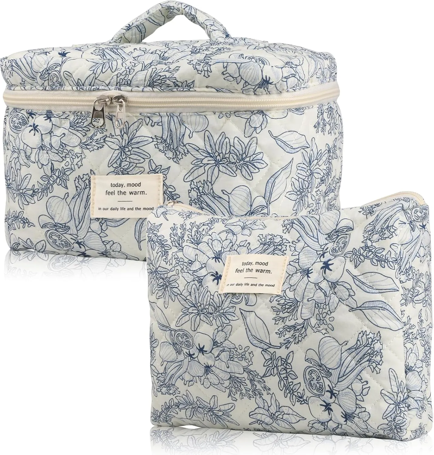 VIWIME Makeup Cosmetic Bag, Large Cotton Quilted Travel Coquette Aesthetic Cute Floral Make up Bag for Women Toiletry Bag Organizer(OldNavy Flower/2Pcs)