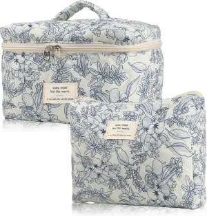VIWIME Makeup Cosmetic Bag, Large Cotton Quilted Travel Coquette Aesthetic Cute Floral Make up Bag for Women Toiletry Bag Organizer(OldNavy Flower/2Pcs)