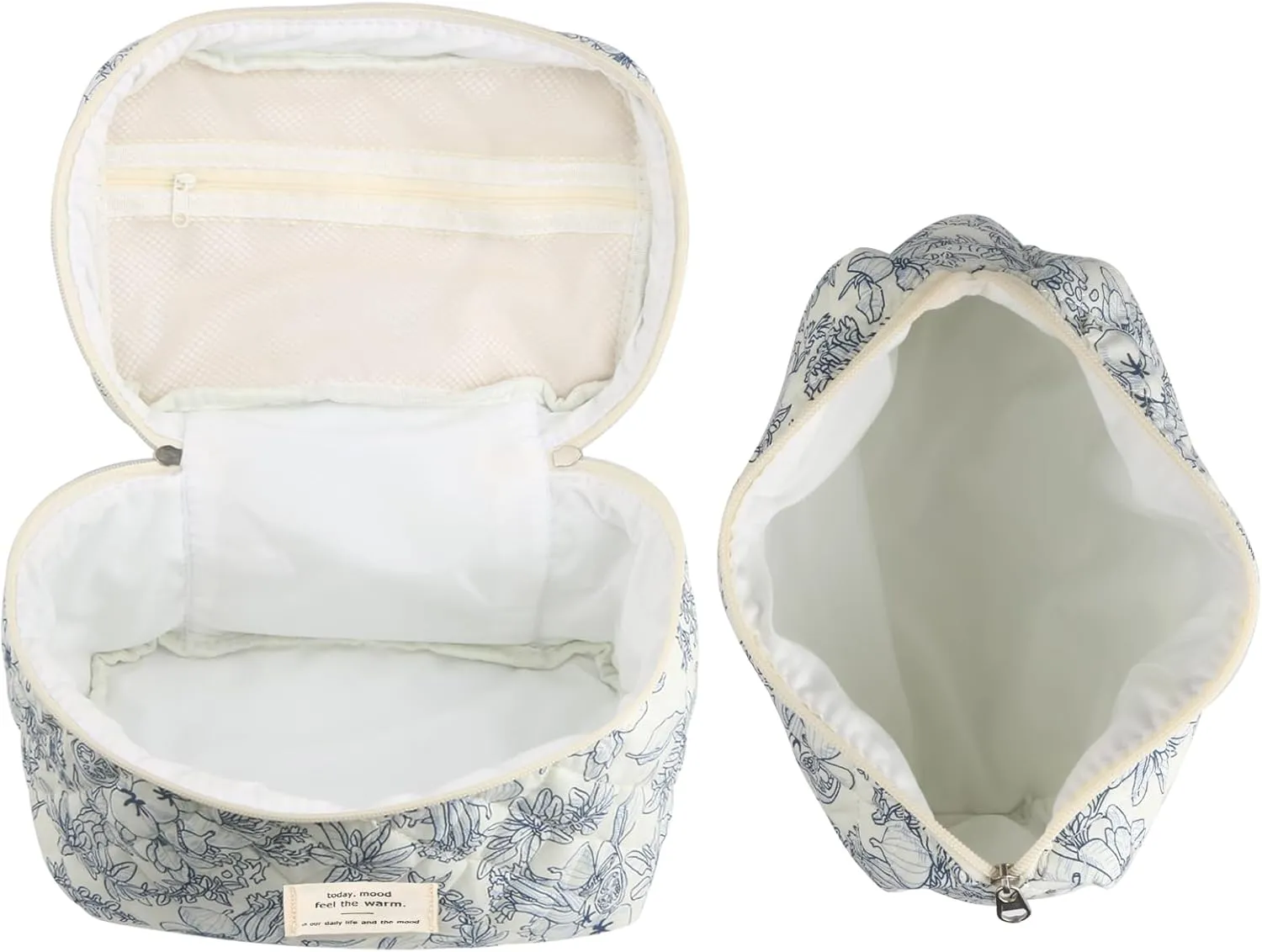 VIWIME Makeup Cosmetic Bag, Large Cotton Quilted Travel Coquette Aesthetic Cute Floral Make up Bag for Women Toiletry Bag Organizer(OldNavy Flower/2Pcs)