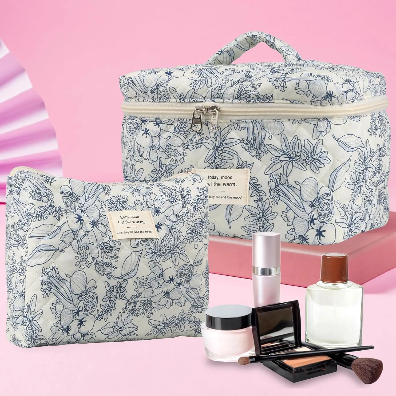 VIWIME Makeup Cosmetic Bag, Large Cotton Quilted Travel Coquette Aesthetic Cute Floral Make up Bag for Women Toiletry Bag Organizer(OldNavy Flower/2Pcs)
