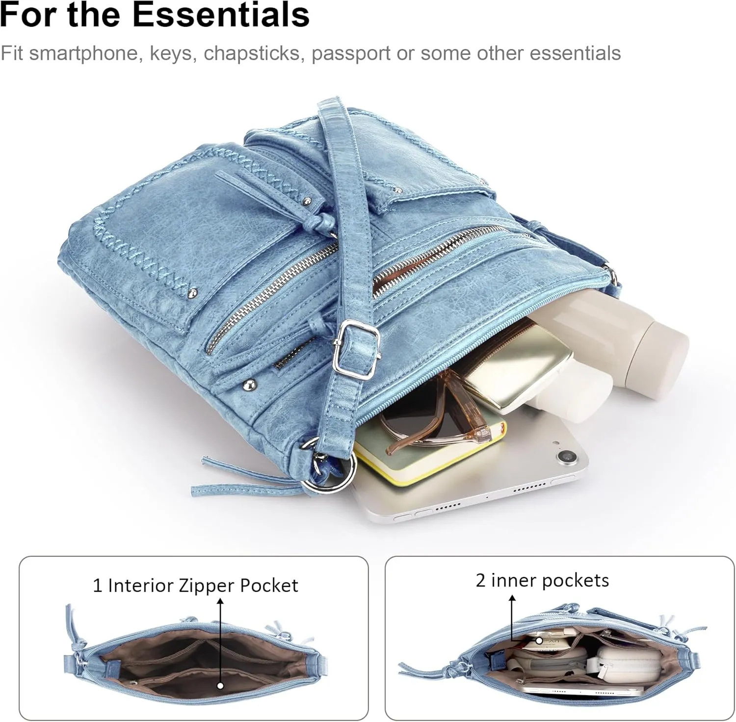 VONAL Crossbody Bag for Women Multi Pockets Shoulder Bags Medium Washed Soft Leather Travel Purses