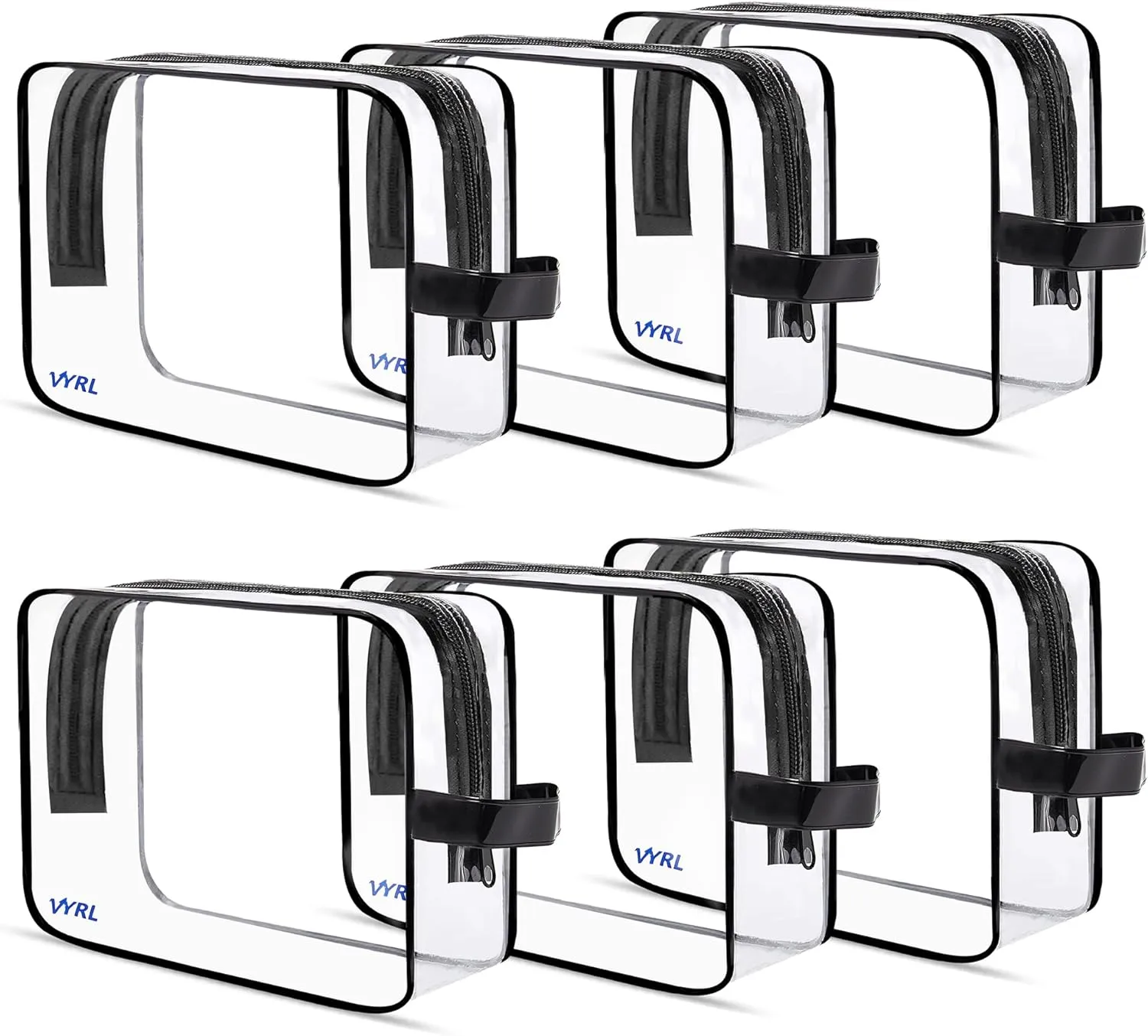 VYRL 6 Pack Clear Makeup Bags – 3 Large & 3 Small TSA-Approved Quart-Size Toiletry Bags – Water-Resistant Durable PVC Pouches with Zippers for Travel Essentials & Carry-On Accessories – Black