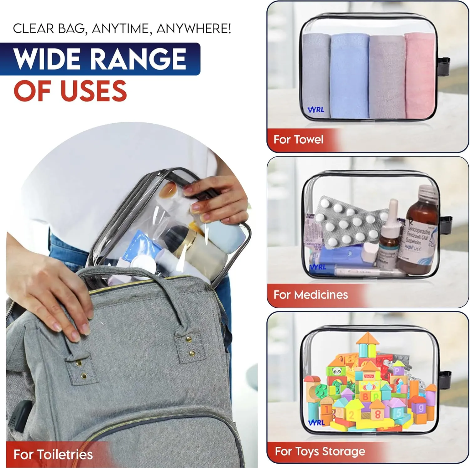 VYRL 6 Pack Clear Makeup Bags – 3 Large & 3 Small TSA-Approved Quart-Size Toiletry Bags – Water-Resistant Durable PVC Pouches with Zippers for Travel Essentials & Carry-On Accessories – Black
