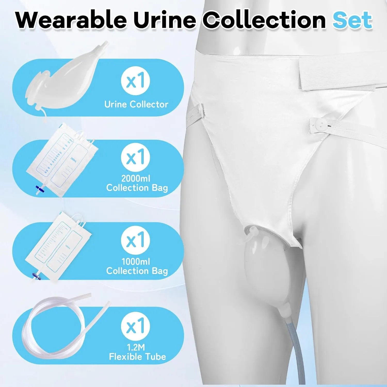 Wearable Urinal Bag Leak-Proof Anti-Reflux with Reusable Silicone Urine Catheter (2000ml & 1000ml), Portable External Urine Collector Ultimate Comfort for Men Elderly Men Black