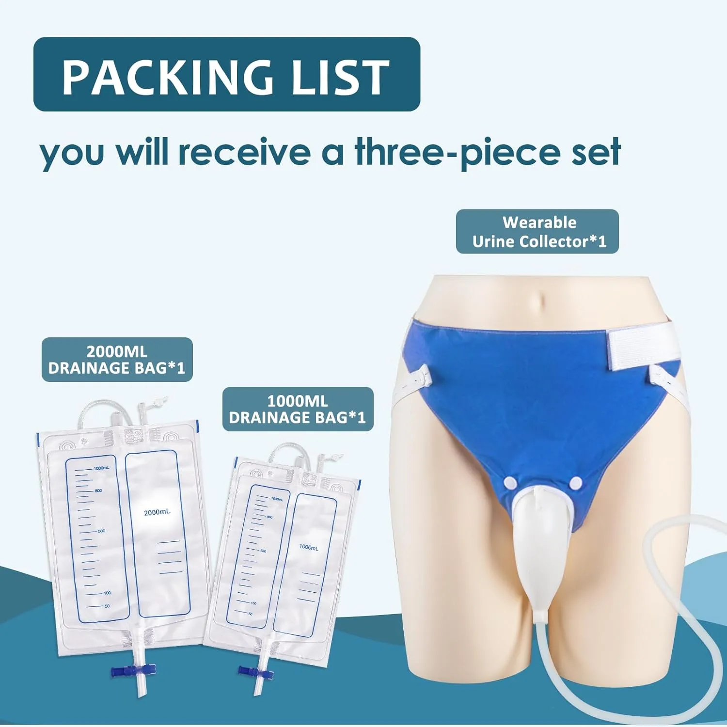 Wearable Urine Collection Set with 2 Drainage Bags (1000ml/2000ml), Reusable Silicone Urine 1.2M Catheter Bag for Men Blue