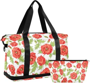 Weekender Overnight Bags for Women Poppy Flowers Travel Duffel Bag with Shoe Compartments Red Floral Gym Duffel Bag with Toiletry Bag for Travel Sport Yoga 17 Inch