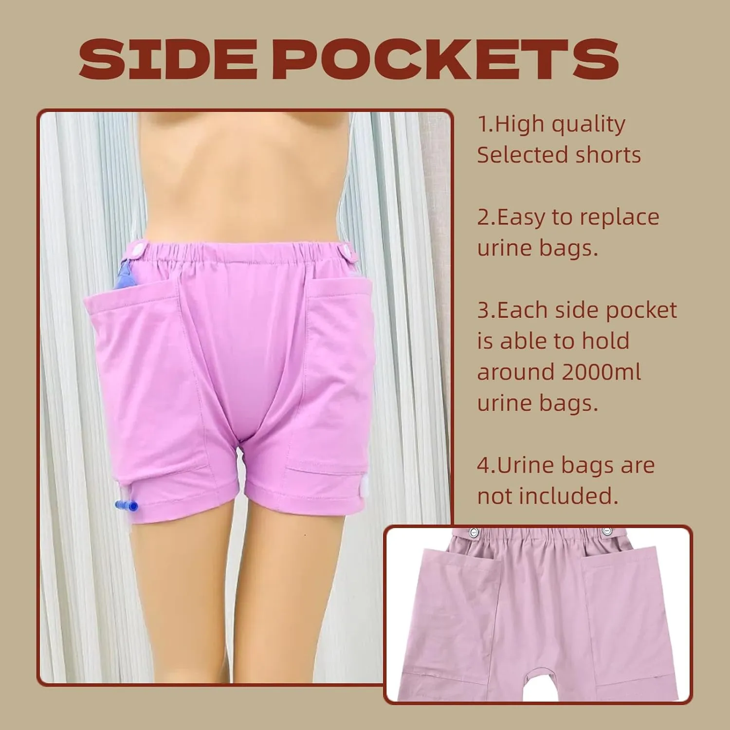 WEEOATAR Women Ostomy Pants Patient Underwear Incontinence Care Shorts,2 Side Pockets to Store Urine Bags Easy to Use,Fistula Pants for Nephrostomy,Suprapubic and Biliary Catheters(Pink,L)