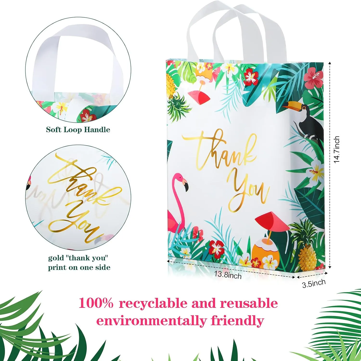 Weewooday 100 Pieces Thank You Bags Plastic Shopping Bags with Soft Loop Handle for Retail Stores, Boutiques, Party Favors, Wedding, Showers, Wholesale Small Gift Bags (15 x 14 inch)