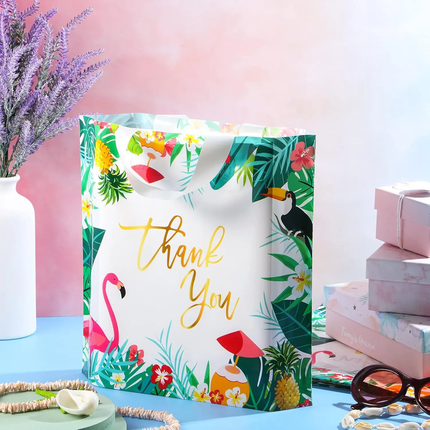 Weewooday 100 Pieces Thank You Bags Plastic Shopping Bags with Soft Loop Handle for Retail Stores, Boutiques, Party Favors, Wedding, Showers, Wholesale Small Gift Bags (15 x 14 inch)
