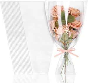 Whaline 50Pcs Flower Kraft Wrapping Bags Mother's Day Clear Floral Bouquet Cellophane Sleeves Large White Florist Packaging Supplies for Graduation Wedding Birthday Anniversary, 3.4 x 11 x 17.7 Inch