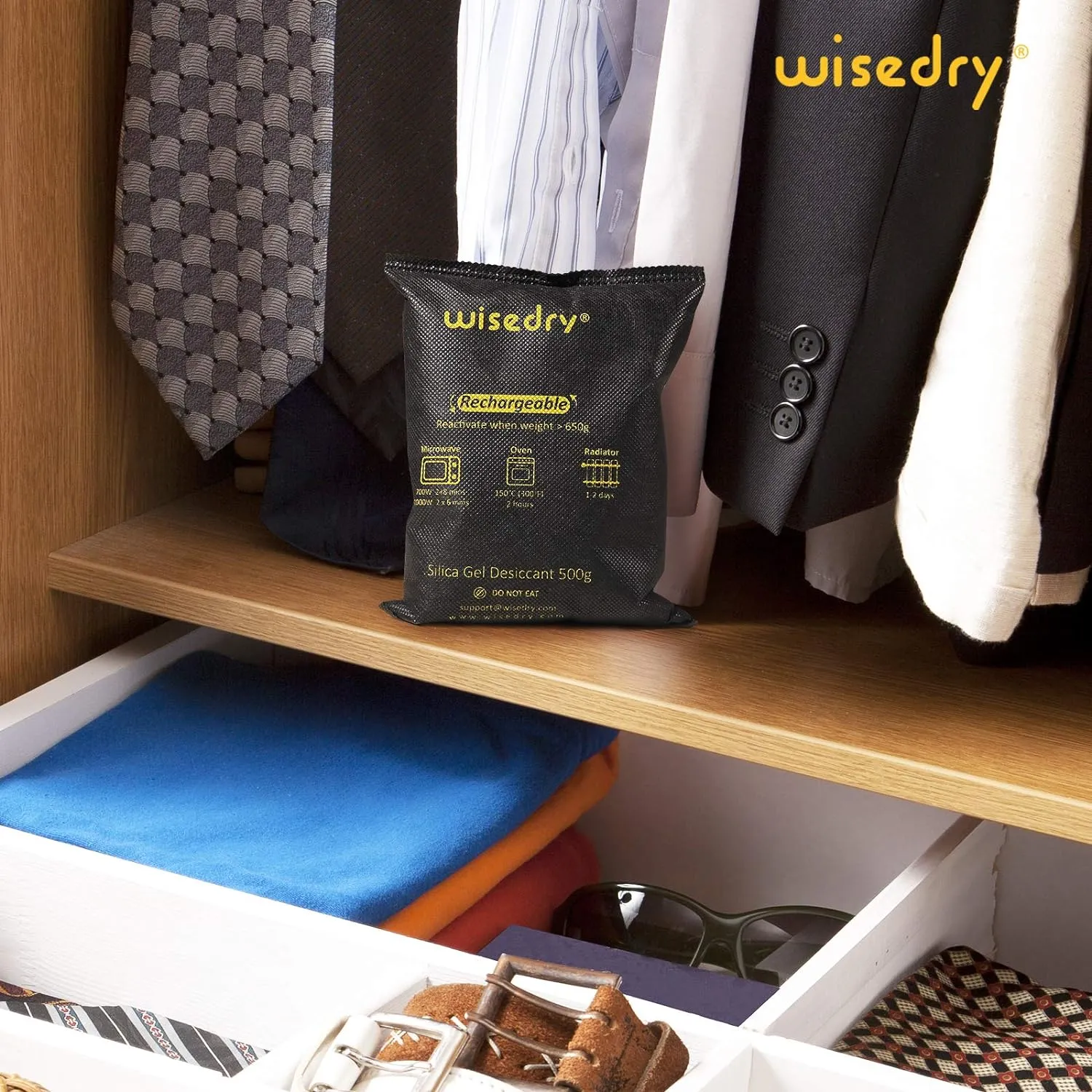 wisedry 2 x 500 Gram [2.2 lbs] Rechargeable Silica Gel Car Dehumidifier, Microwave Fast Reactivated Desiccant Packets Large for Gun Safe Closet Basement Garage Storage Moisture Absorber Bag Reusable