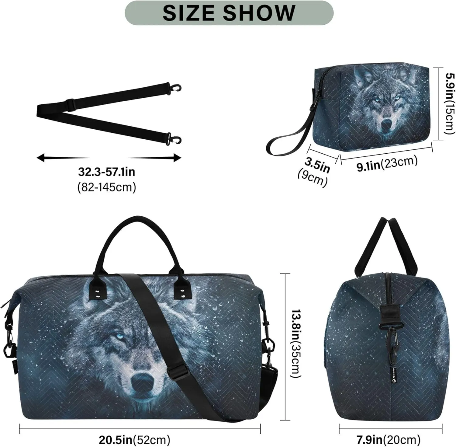 Wolf Face Space Travel Duffel Bags Toiletry Pouches Set of 2, Print Women Luggage Bag Weekend Bag Duffel