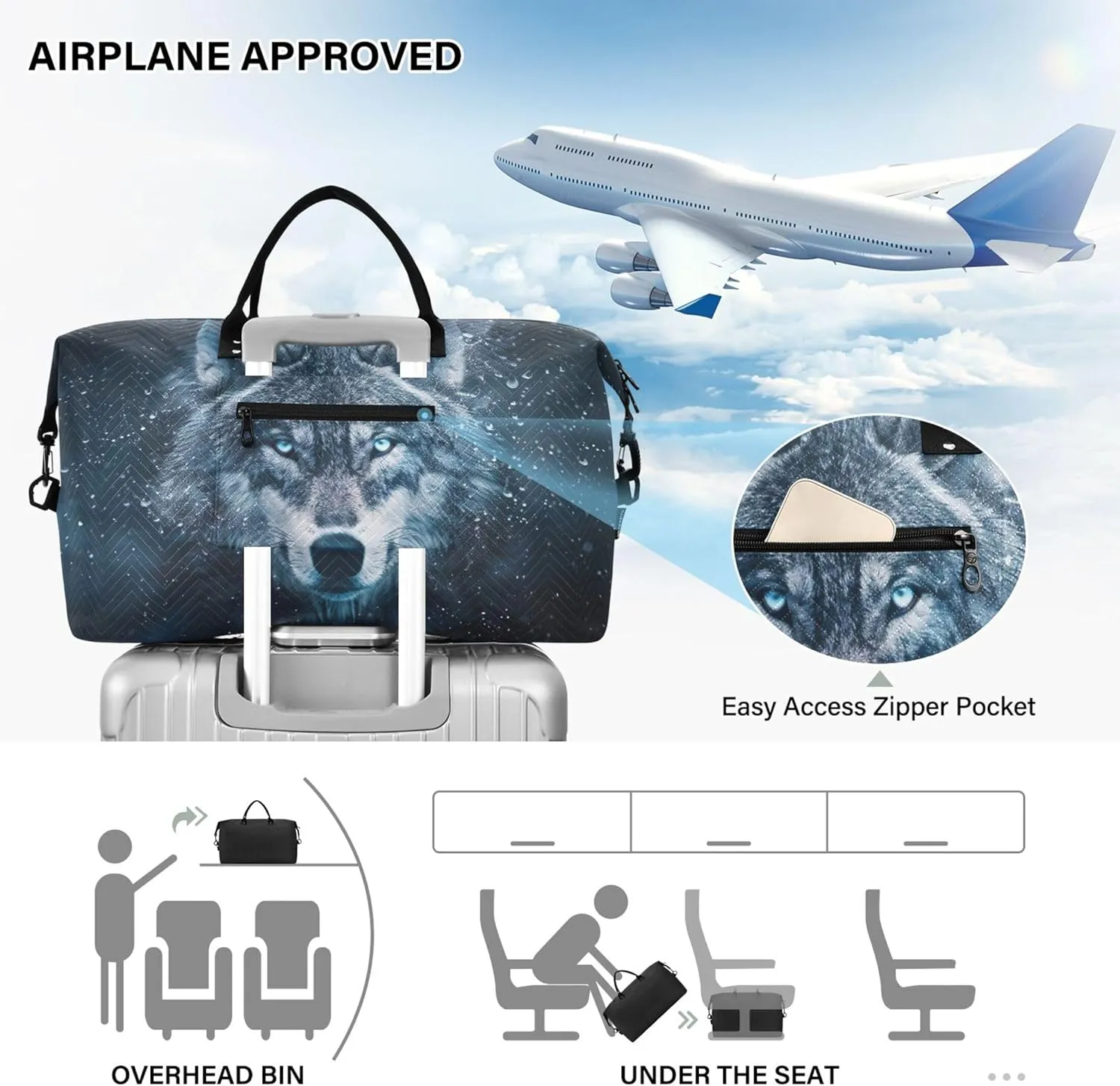 Wolf Face Space Travel Duffel Bags Toiletry Pouches Set of 2, Print Women Luggage Bag Weekend Bag Duffel