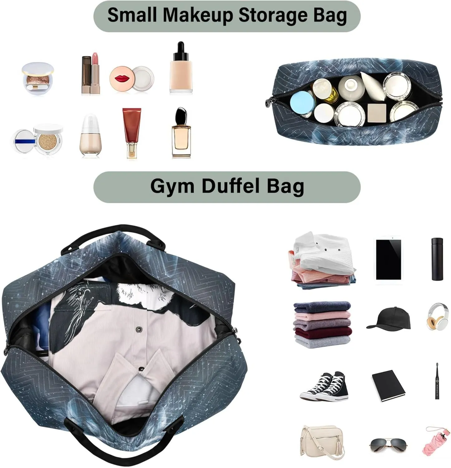 Wolf Face Space Travel Duffel Bags Toiletry Pouches Set of 2, Print Women Luggage Bag Weekend Bag Duffel