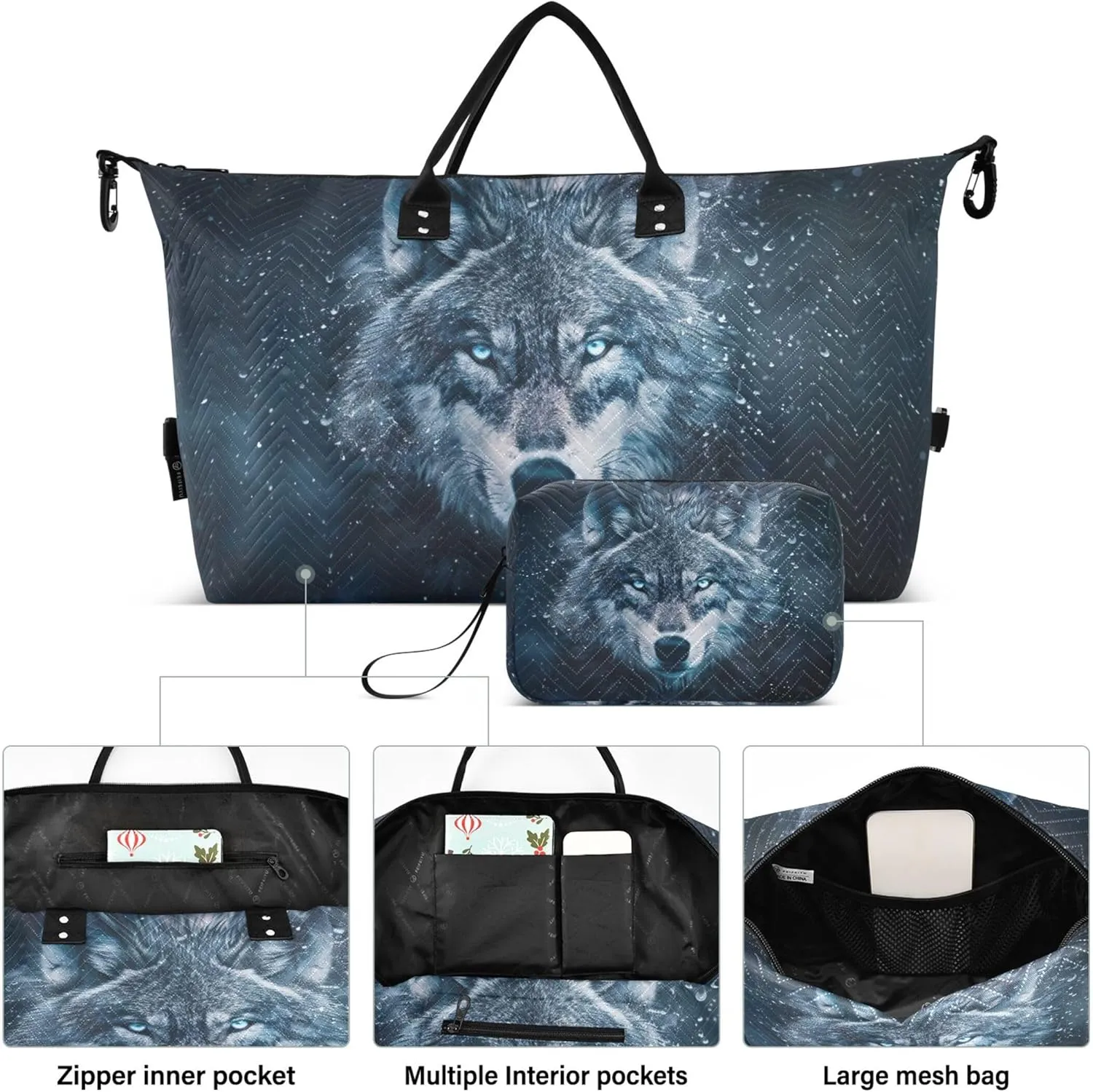 Wolf Face Space Travel Duffel Bags Toiletry Pouches Set of 2, Print Women Luggage Bag Weekend Bag Duffel