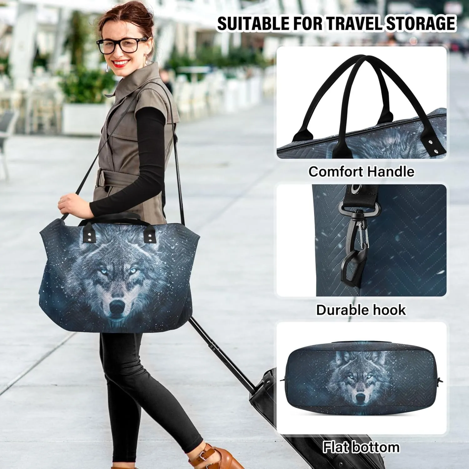 Wolf Face Space Travel Duffel Bags Toiletry Pouches Set of 2, Print Women Luggage Bag Weekend Bag Duffel