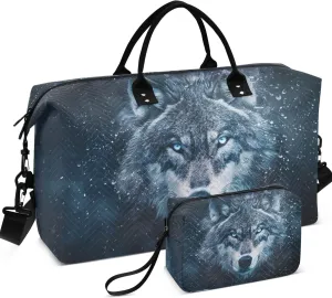 Wolf Face Space Travel Duffel Bags Toiletry Pouches Set of 2, Print Women Luggage Bag Weekend Bag Duffel