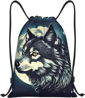 Wolf Night Moon print Drawstring Backpack Bags Sack Cinch Tote Sport Storage Polyester Bag for Gym Traveling