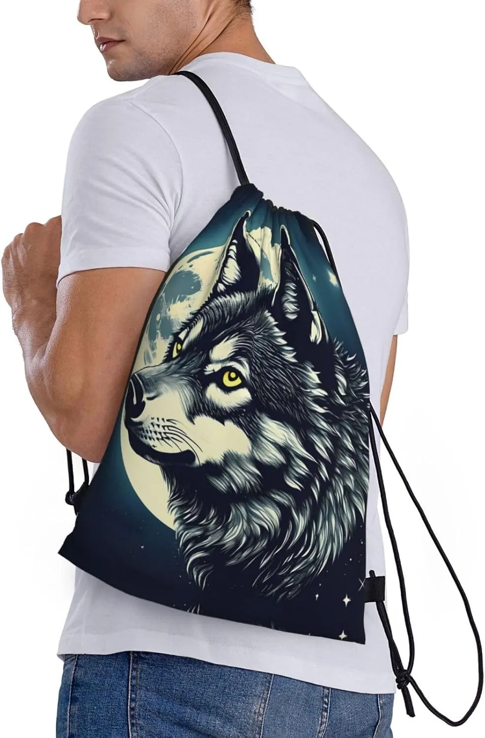 Wolf Night Moon print Drawstring Backpack Bags Sack Cinch Tote Sport Storage Polyester Bag for Gym Traveling