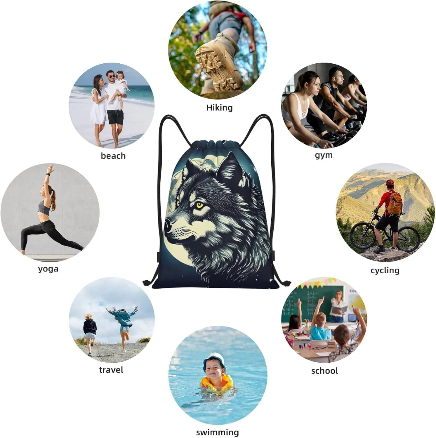 Wolf Night Moon print Drawstring Backpack Bags Sack Cinch Tote Sport Storage Polyester Bag for Gym Traveling