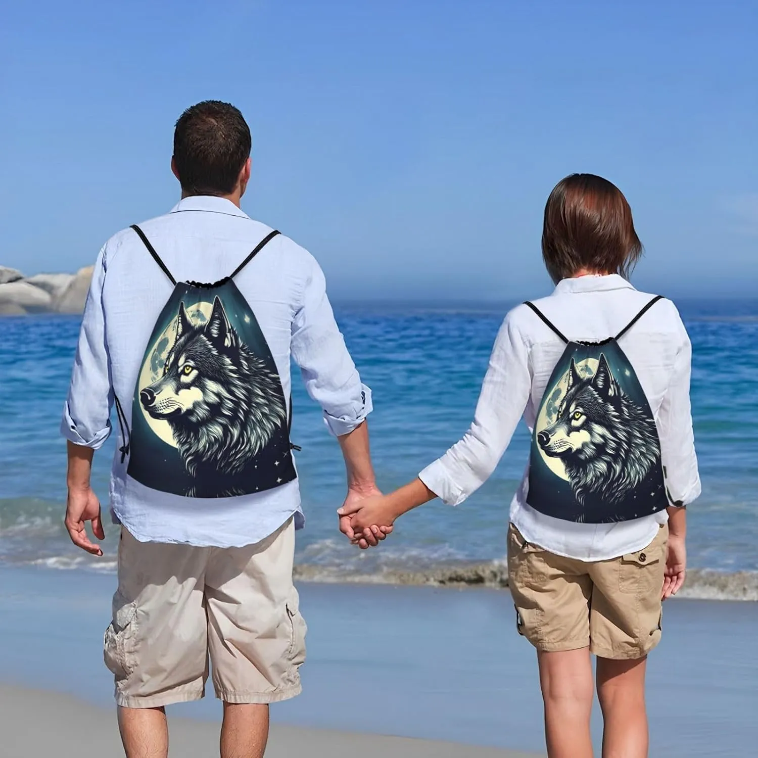 Wolf Night Moon print Drawstring Backpack Bags Sack Cinch Tote Sport Storage Polyester Bag for Gym Traveling