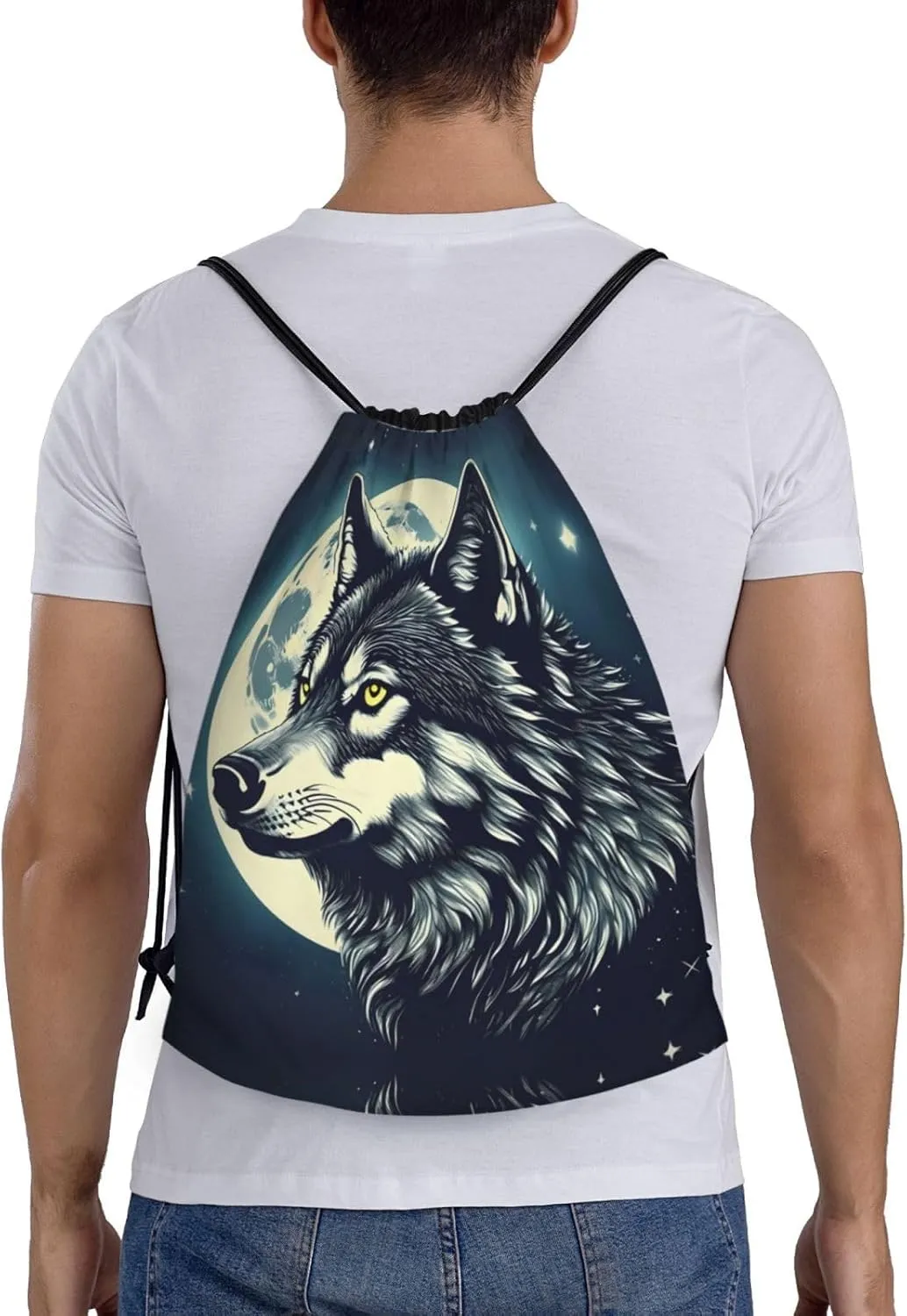 Wolf Night Moon print Drawstring Backpack Bags Sack Cinch Tote Sport Storage Polyester Bag for Gym Traveling