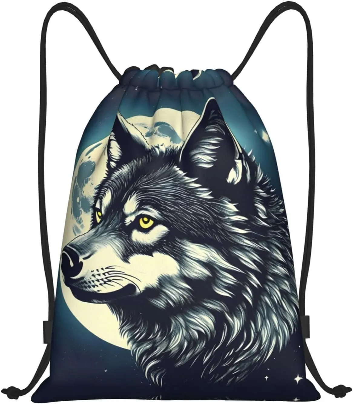 Wolf Night Moon print Drawstring Backpack Bags Sack Cinch Tote Sport Storage Polyester Bag for Gym Traveling