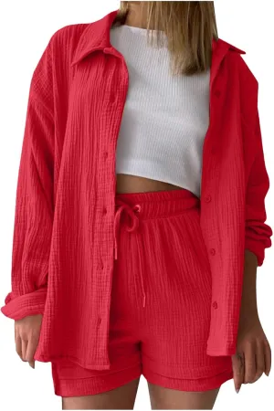 Women 2 Piece Linen Set Summer Long Sleeve Button Down Shirt and Shorts Matching Sets Beach Vacation Outfits
