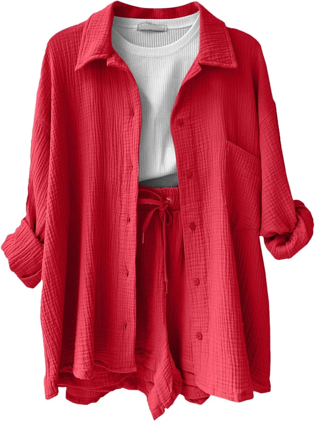 Women 2 Piece Linen Set Summer Long Sleeve Button Down Shirt and Shorts Matching Sets Beach Vacation Outfits