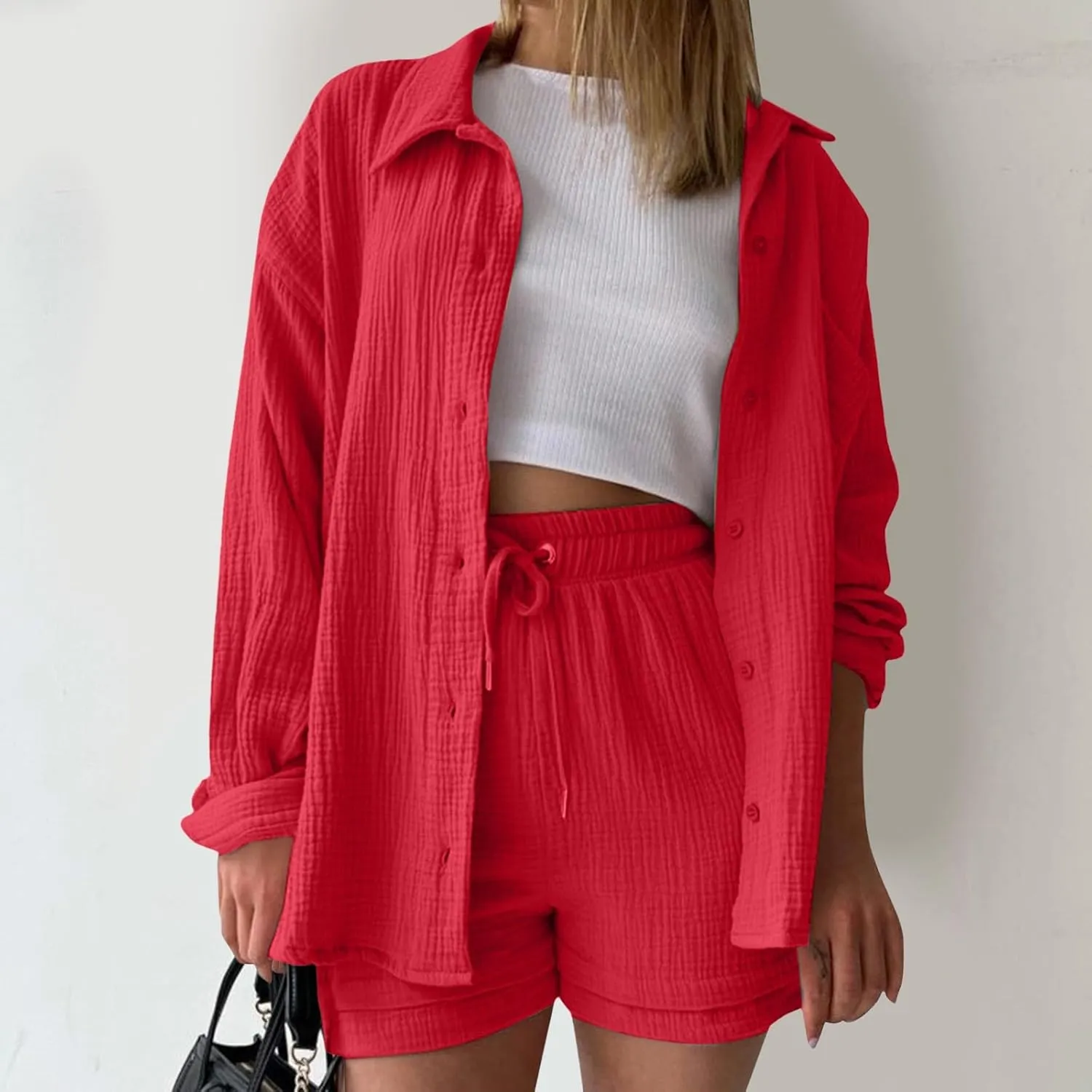 Women 2 Piece Linen Set Summer Long Sleeve Button Down Shirt and Shorts Matching Sets Beach Vacation Outfits