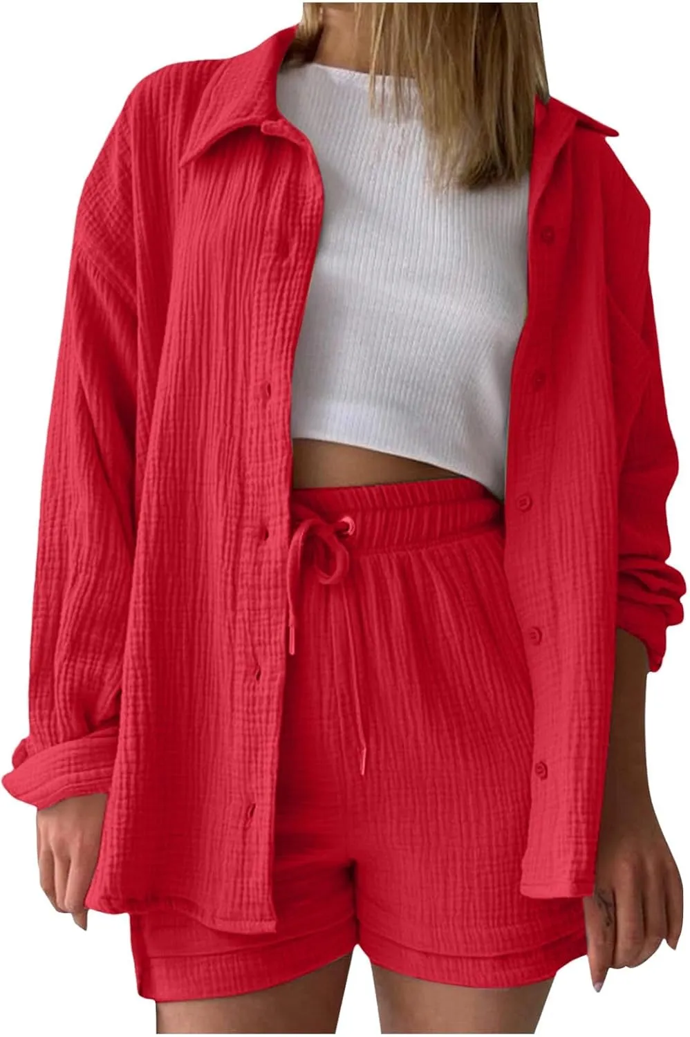 Women 2 Piece Linen Set Summer Long Sleeve Button Down Shirt and Shorts Matching Sets Beach Vacation Outfits