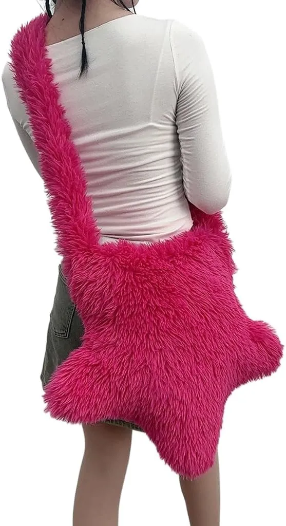 Women Fluffy Star Shaped Handbag Faux Fur Shoulder Bag Plush Crossbody Bag for Amusement Park Shopping Daily Life