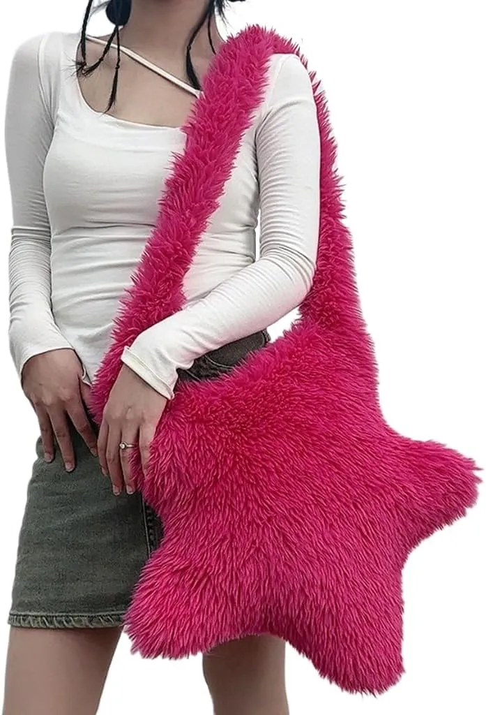 Women Fluffy Star Shaped Handbag Faux Fur Shoulder Bag Plush Crossbody Bag for Amusement Park Shopping Daily Life
