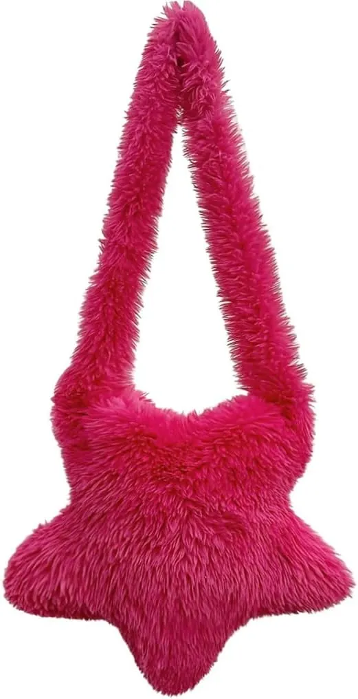 Women Fluffy Star Shaped Handbag Faux Fur Shoulder Bag Plush Crossbody Bag for Amusement Park Shopping Daily Life