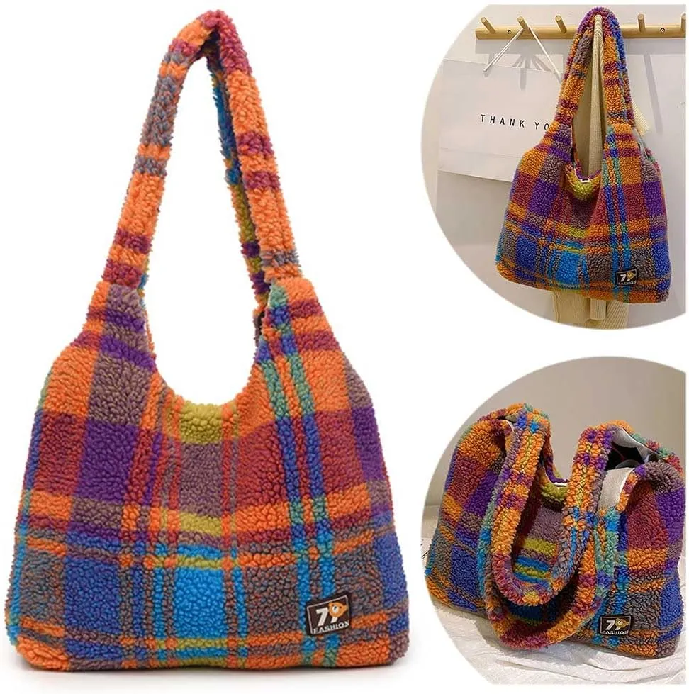Women Large Tote Handbag Stylish Lamb Wool Shopping Dating Bag Retro Plush Shoulder Bag Underarm Bag​ Large Capaci