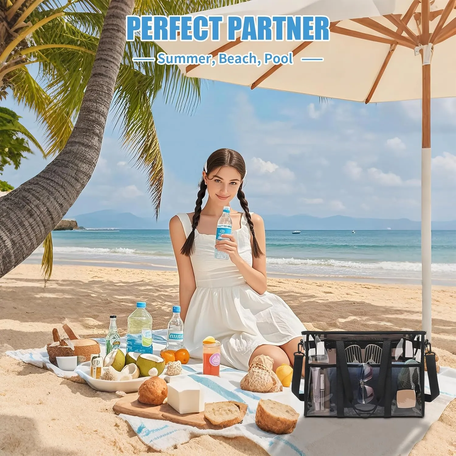 Women's Clear Beach Bag with Detachable Phone Pouch - Foldable, Waterproof Clear Tote Bags for Beach, Pool, Stadium