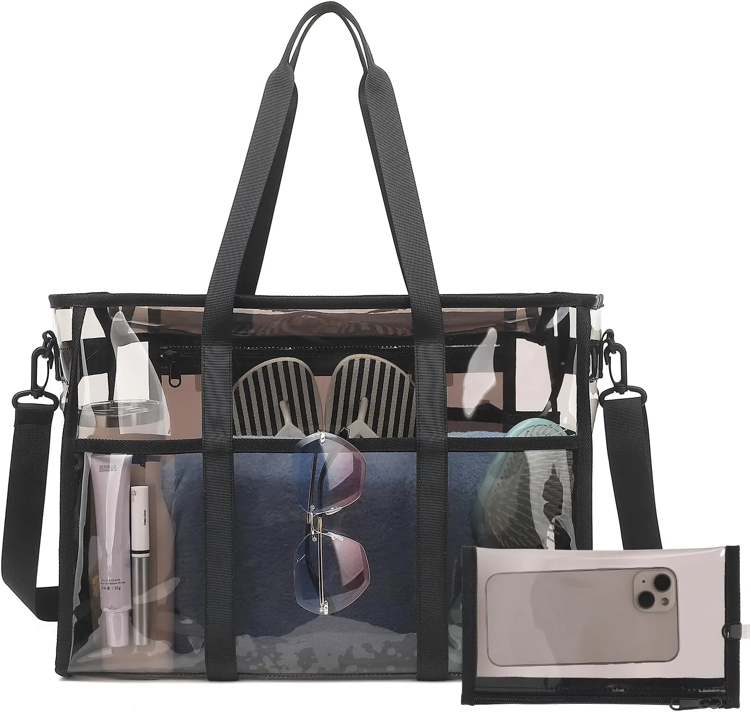 Women's Clear Beach Bag with Detachable Phone Pouch - Foldable, Waterproof Clear Tote Bags for Beach, Pool, Stadium