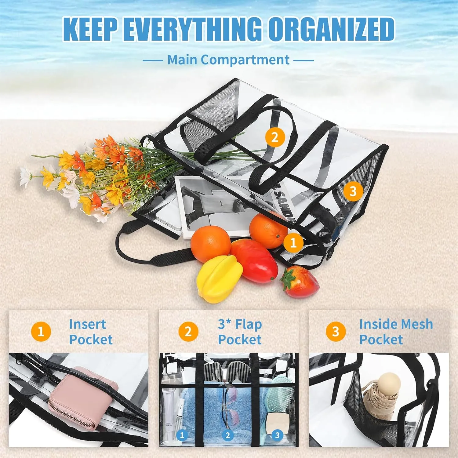 Women's Clear Beach Bag with Detachable Phone Pouch - Foldable, Waterproof Clear Tote Bags for Beach, Pool, Stadium