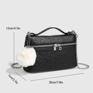 Women's Hair Ball Ostrich Print Handbags Square Shoulder Bag Chain Crossbody Bags Zipper Purses
