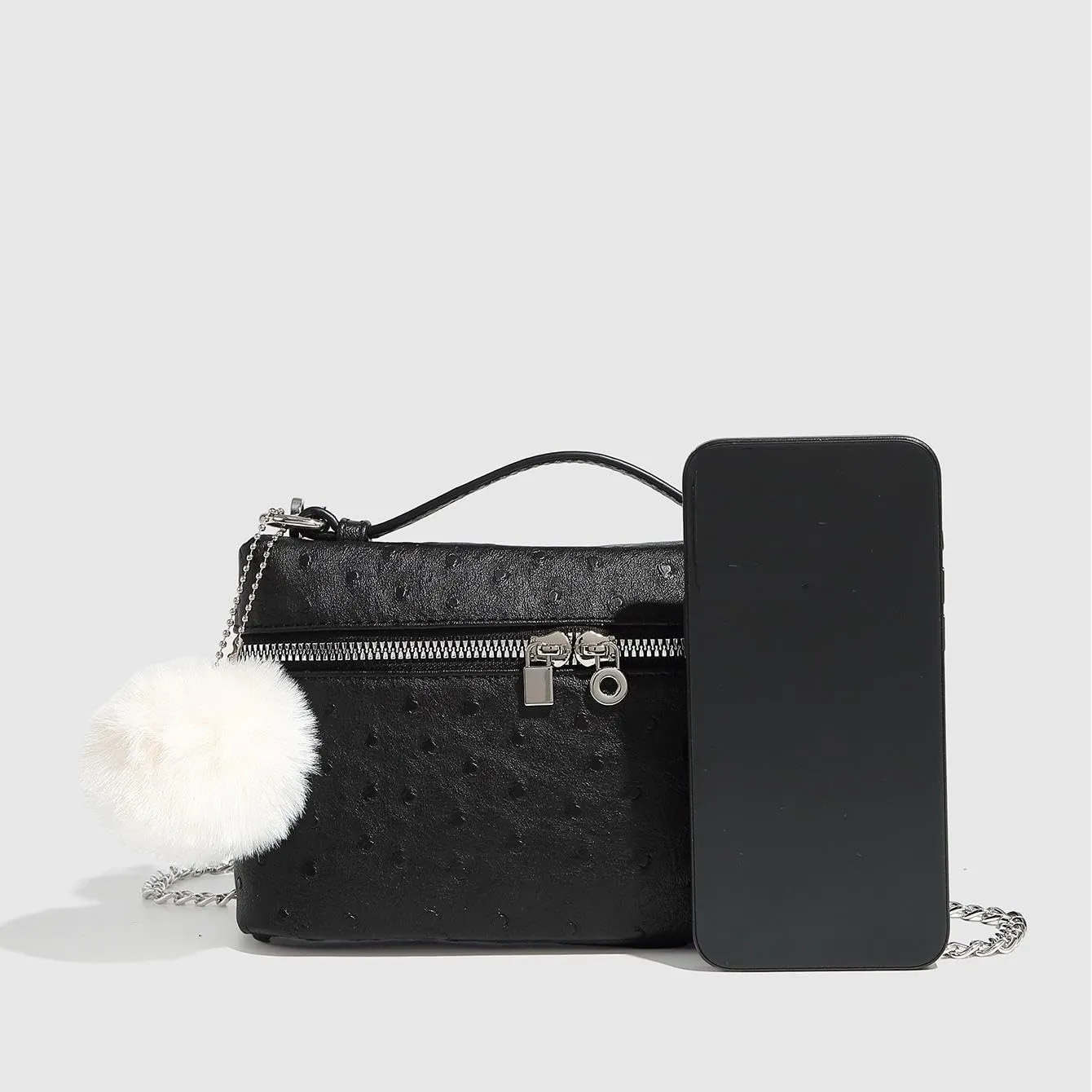 Women's Hair Ball Ostrich Print Handbags Square Shoulder Bag Chain Crossbody Bags Zipper Purses